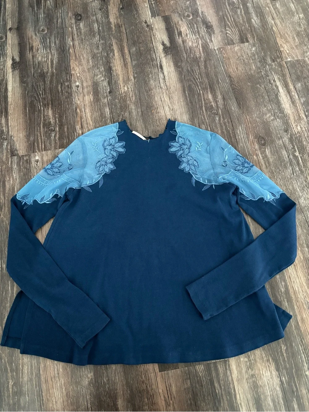 Free People Women’s Navy Long-Sleeve Top with Lace Shoulder Appliqué